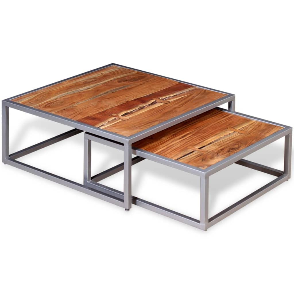 Brown Square Acacia Wood Steel Coffee Table Set of 2 V388