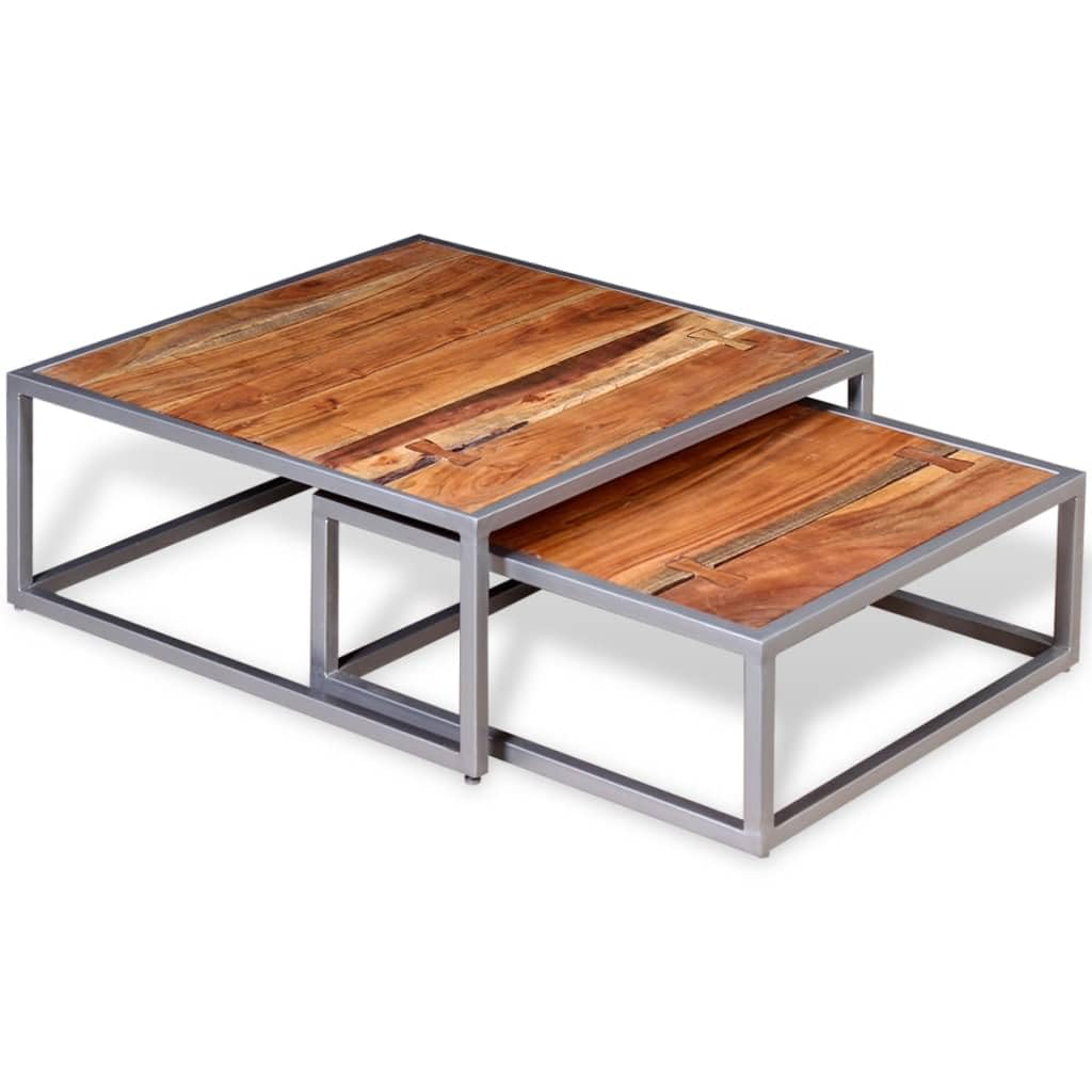 Brown Square Acacia Wood Steel Coffee Table Set of 2 V388
