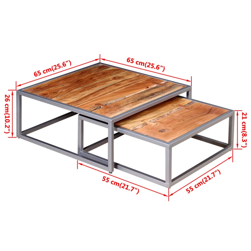Brown Square Acacia Wood Steel Coffee Table Set of 2 V388