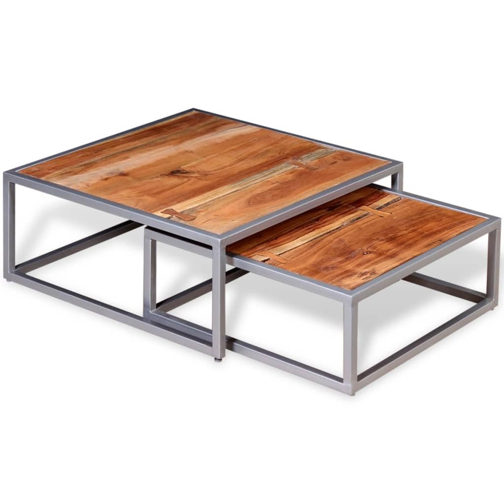 Brown Square Acacia Wood Steel Coffee Table Set of 2 V388