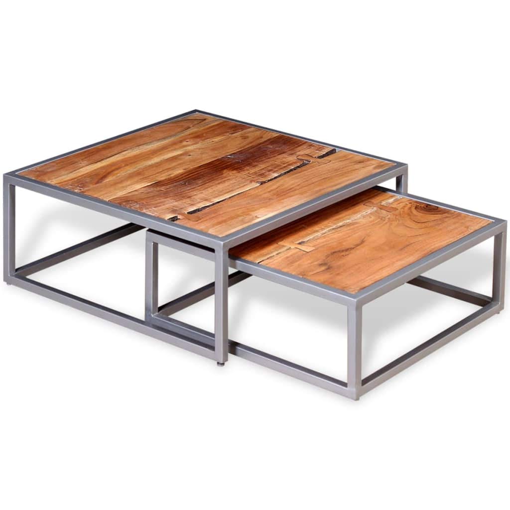 Brown Square Acacia Wood Steel Coffee Table Set of 2 V388