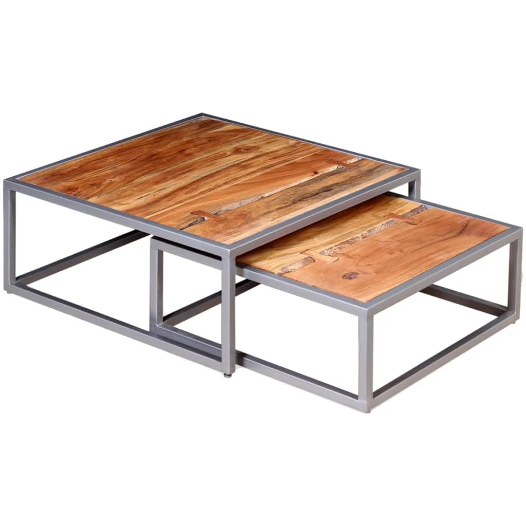 Brown Square Acacia Wood Steel Coffee Table Set of 2 V388
