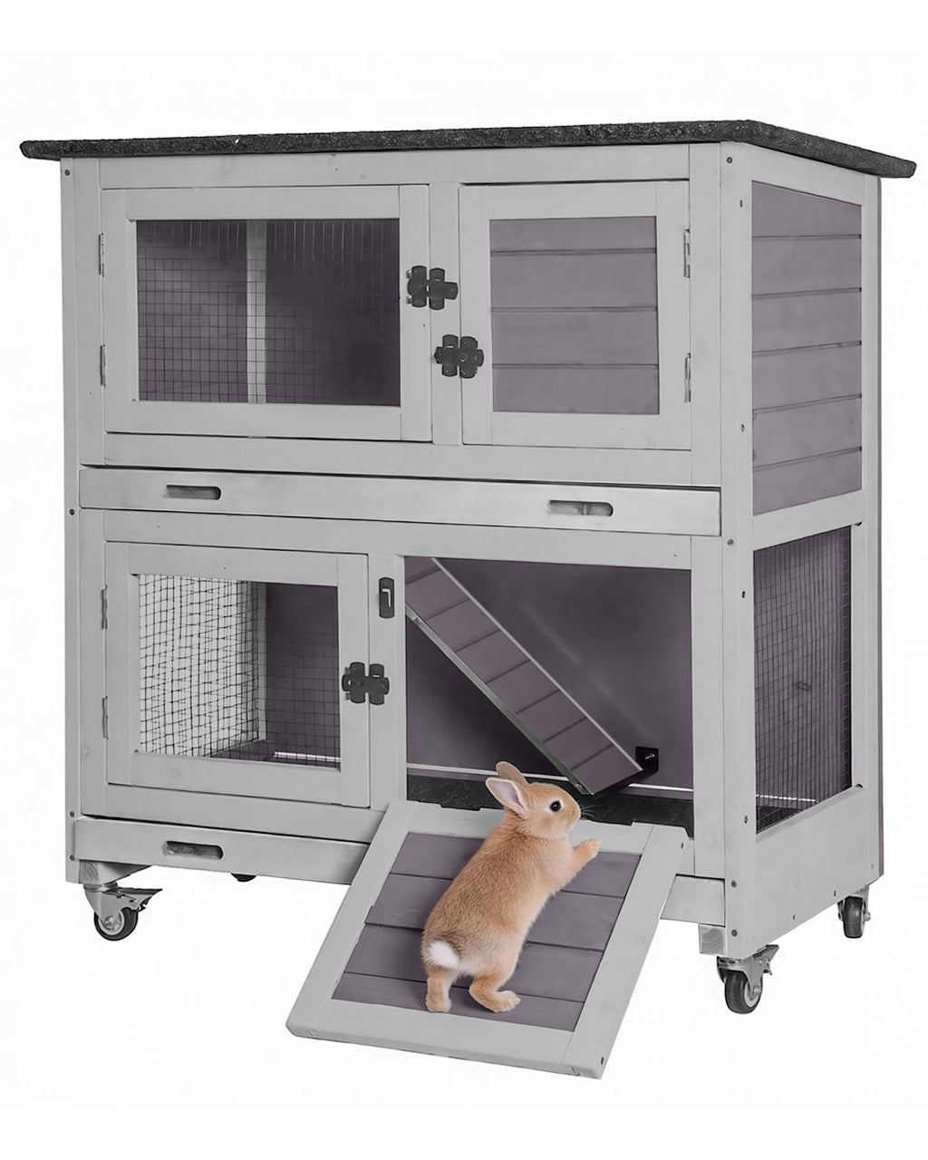 2-Story Wooden Rabbit Hutch with 4 Wheels and 2 Pull-Out Trays R41494