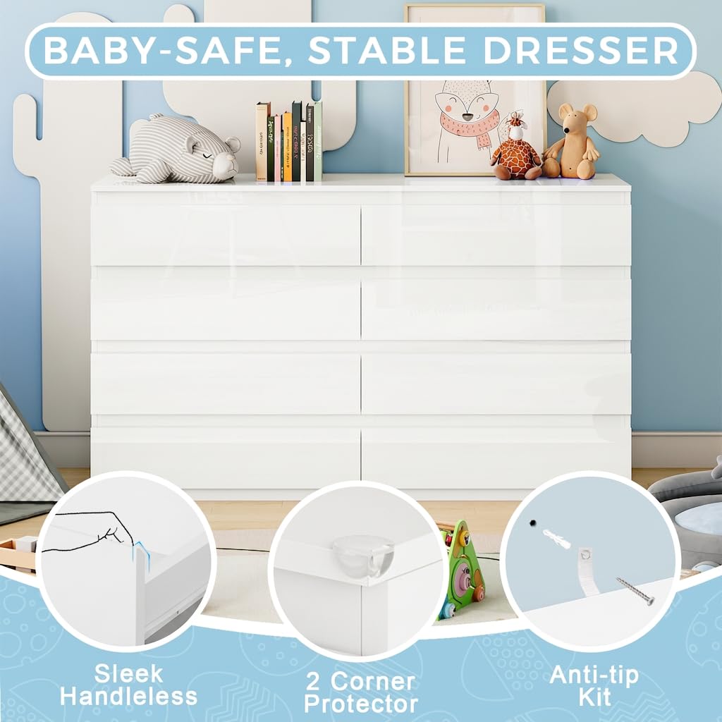 White 8 Drawer Wood Dresser B3124