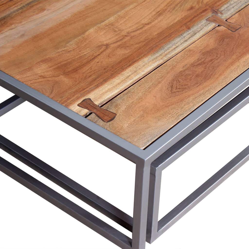 Brown Square Acacia Wood Steel Coffee Table Set of 2 V388