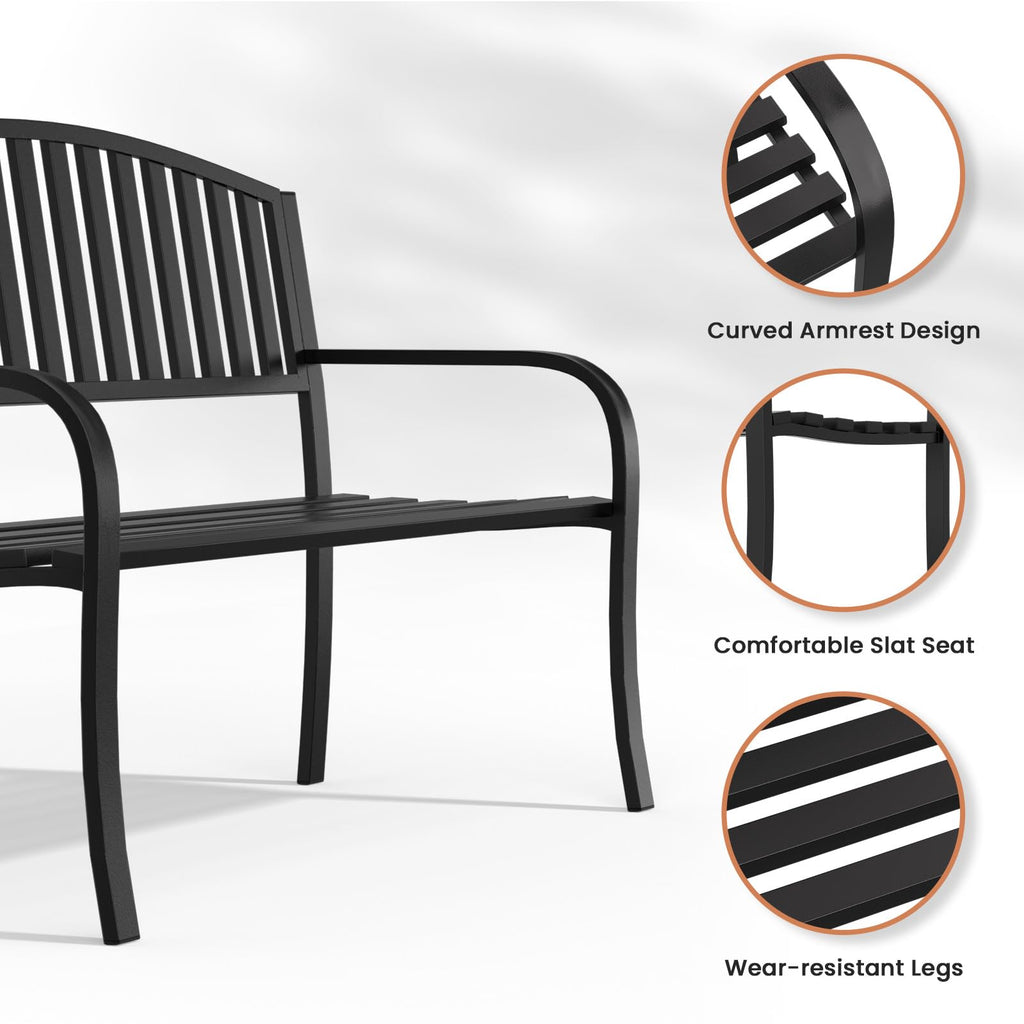 Black Wrought Iron Garden Bench with Armrests I89100