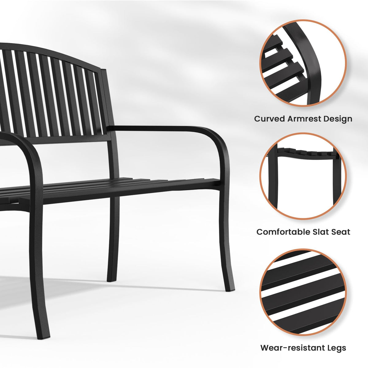 Black Wrought Iron Garden Bench with Armrests I89100