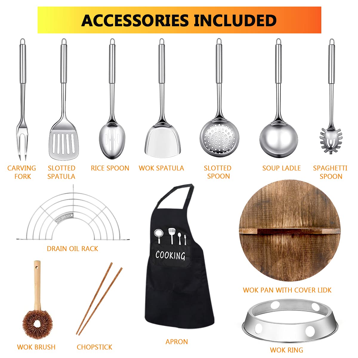 14 Piece Carbon Steel Wok Pan Set with Wooden Lid G28810
