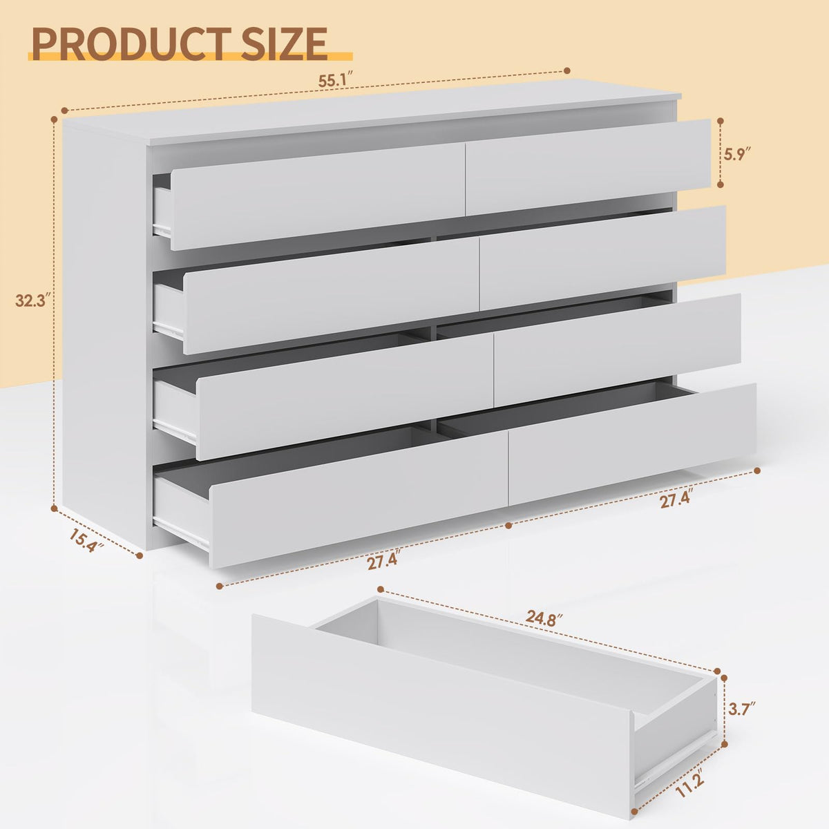 White 8 Drawer Wood Dresser B3124