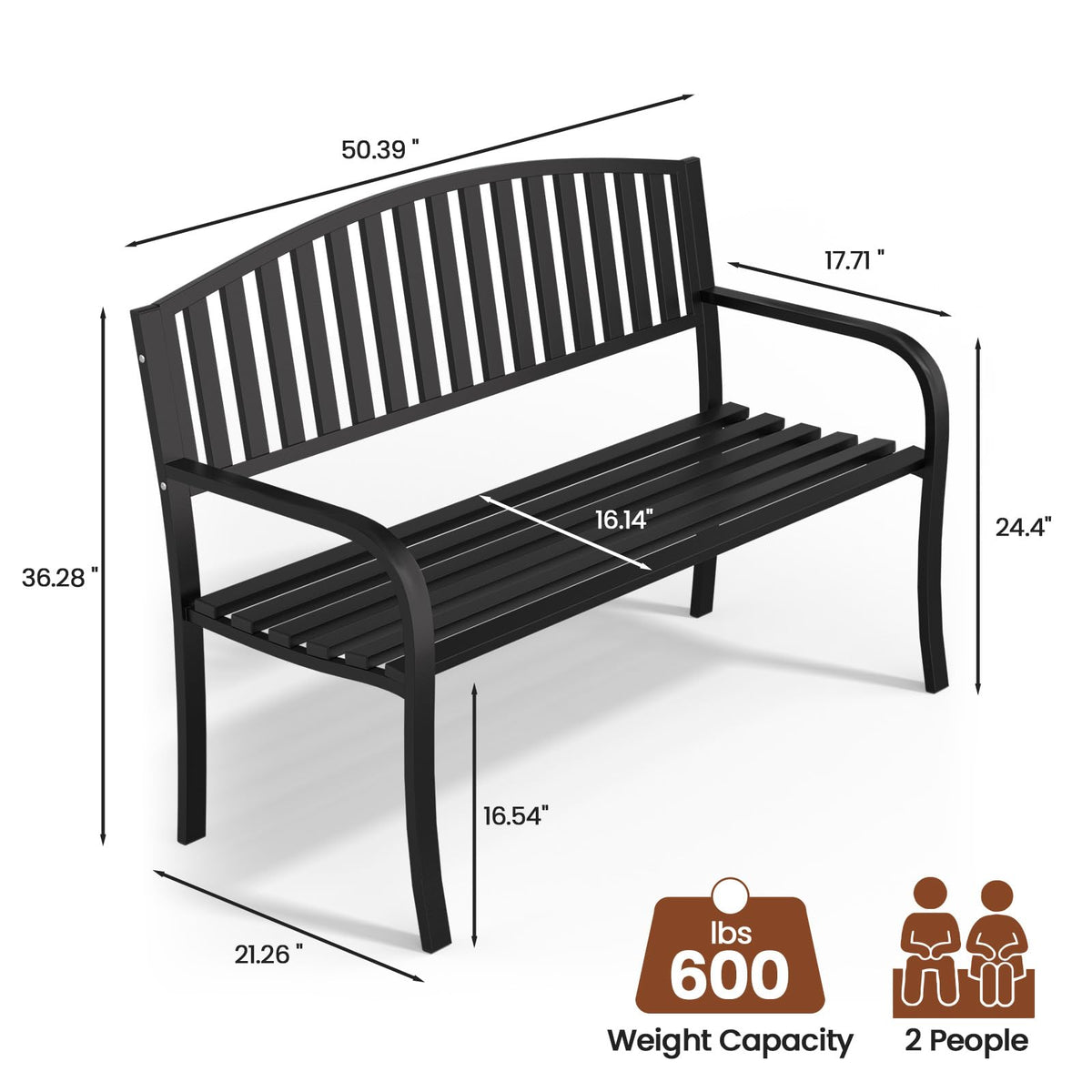 Black Wrought Iron Garden Bench with Armrests I89100