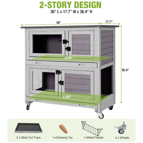 2-Story Wooden Rabbit Hutch with 4 Wheels and 2 Pull-Out Trays R41494