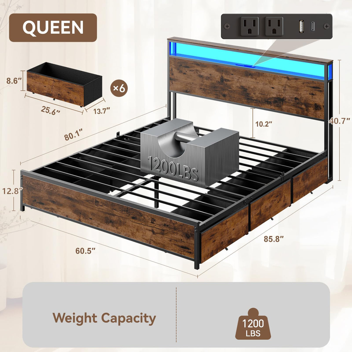 Queen Bed Frame with Storage Headboard & 6 Drawers V745