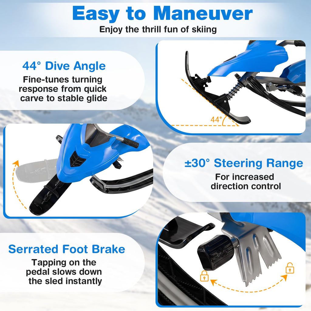 Snow Racer Sled with Brakes, Steering Handle, Tow Ropes W34926