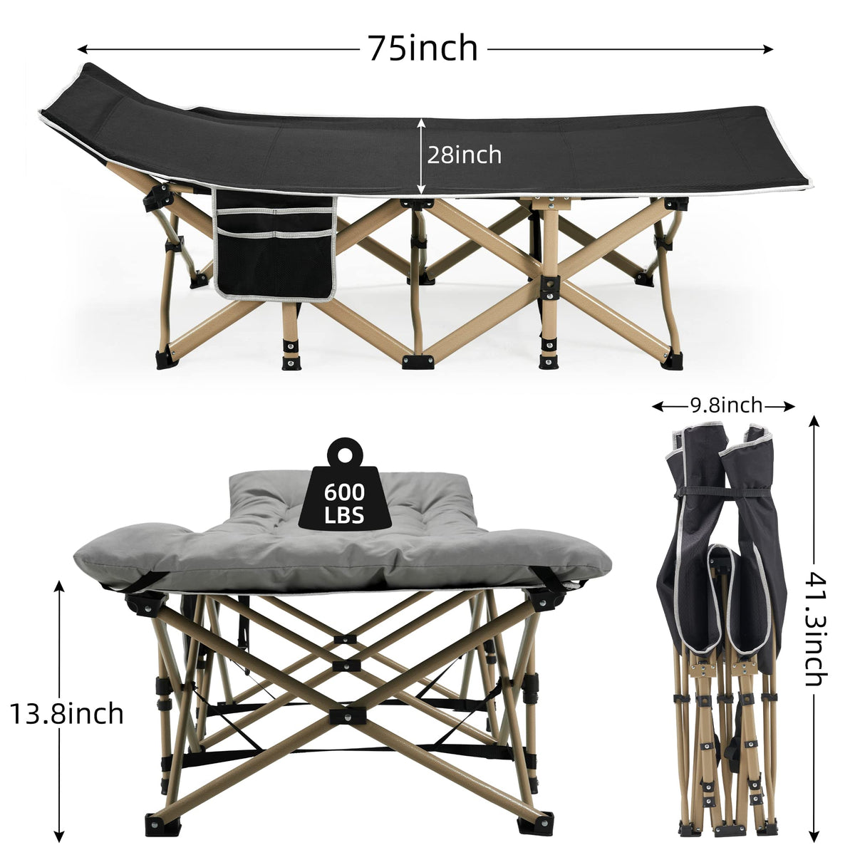 Portable Camping Cot Extra Wide with Thick Mattress Grey X3468