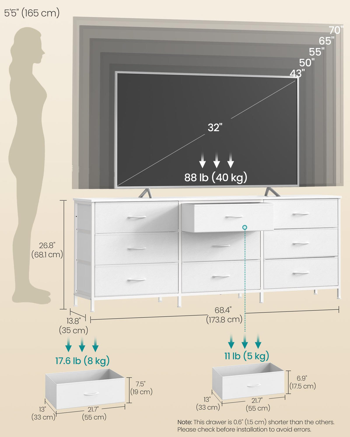 9 Fabric Drawers Dresser TV Stand U641