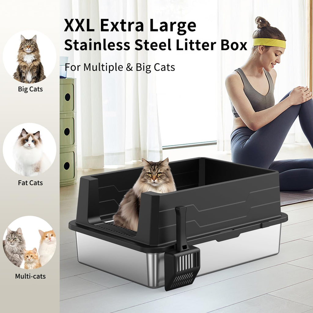 XXXL Stainless Steel Cat Litter Box with High Sides and Scoop Z893955