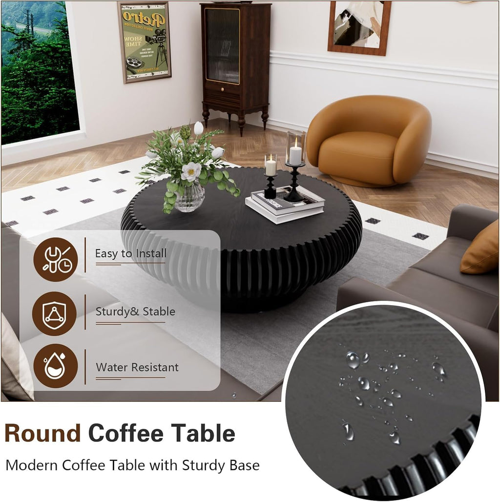 Black Round Fluted Drum Coffee Table J7299