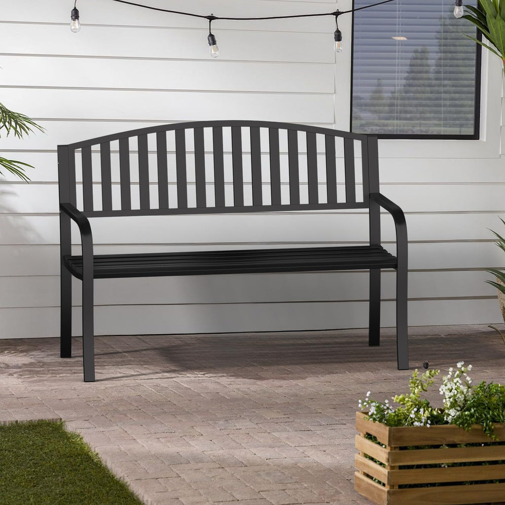 Black Wrought Iron Garden Bench with Armrests I89100