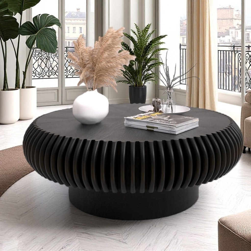 Black Round Fluted Drum Coffee Table J7299