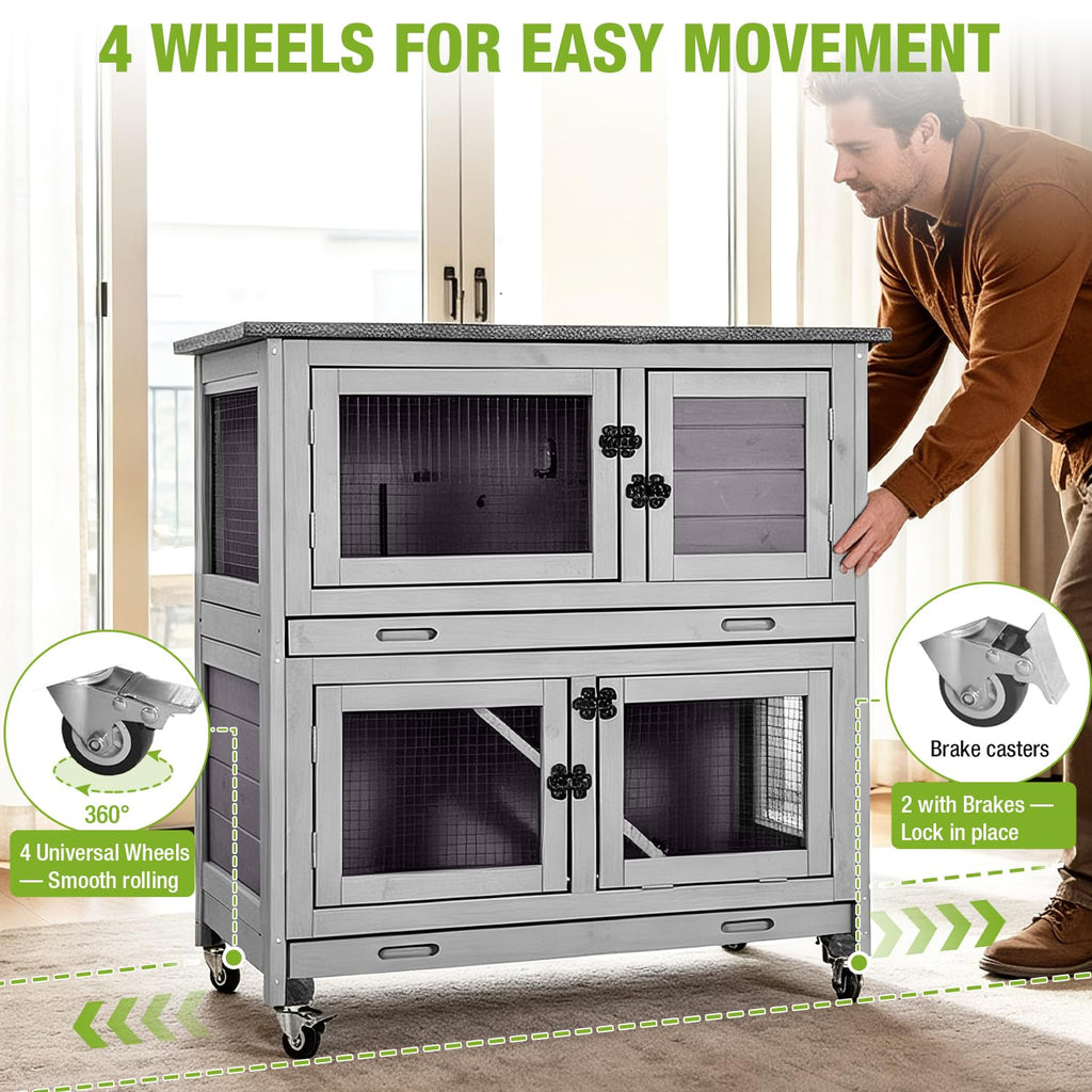 2-Story Wooden Rabbit Hutch with 4 Wheels and 2 Pull-Out Trays R41494