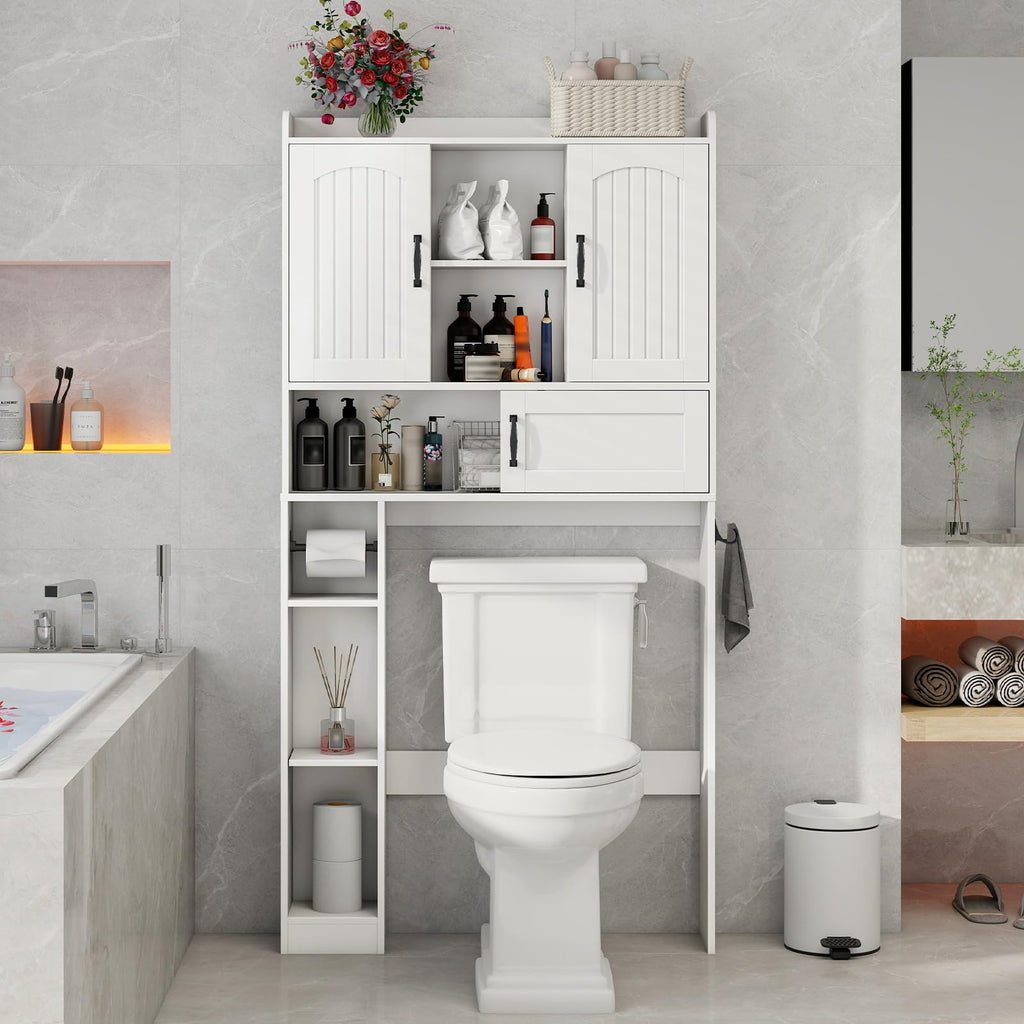 Over The Toilet Cabinet with 2 Barn Doors & Sliding Door, White S7330