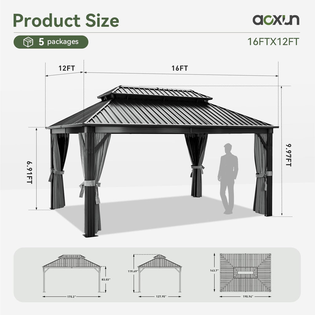 12FT X 16FT Hardtop Gazebo with Mosquito Netting and Curtains M11526