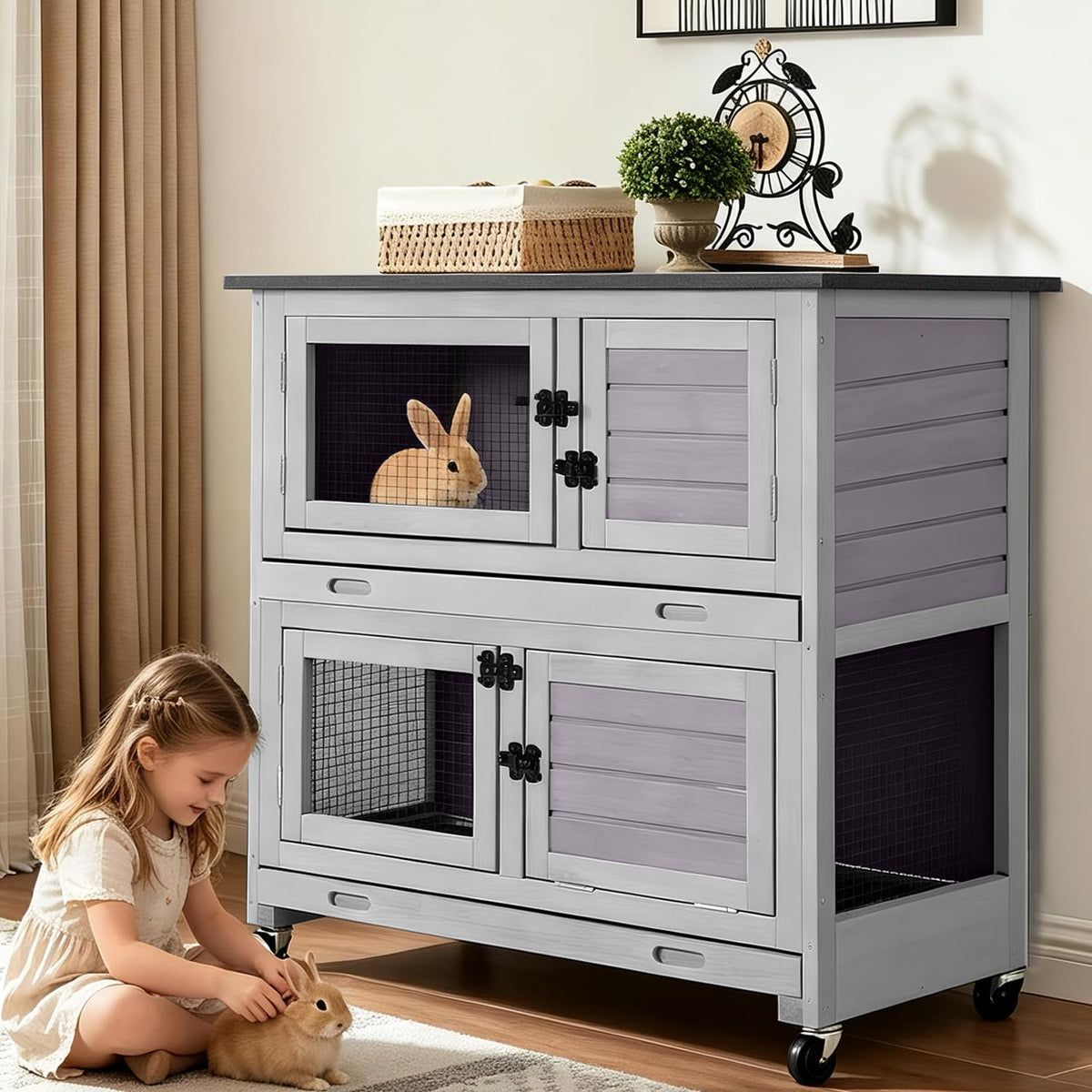 2-Story Wooden Rabbit Hutch with 4 Wheels and 2 Pull-Out Trays R41494