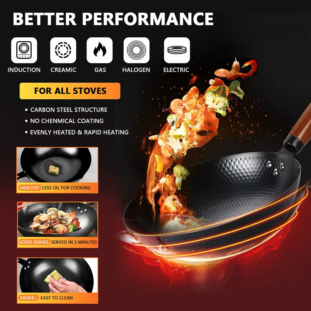14 Piece Carbon Steel Wok Pan Set with Wooden Lid G28810