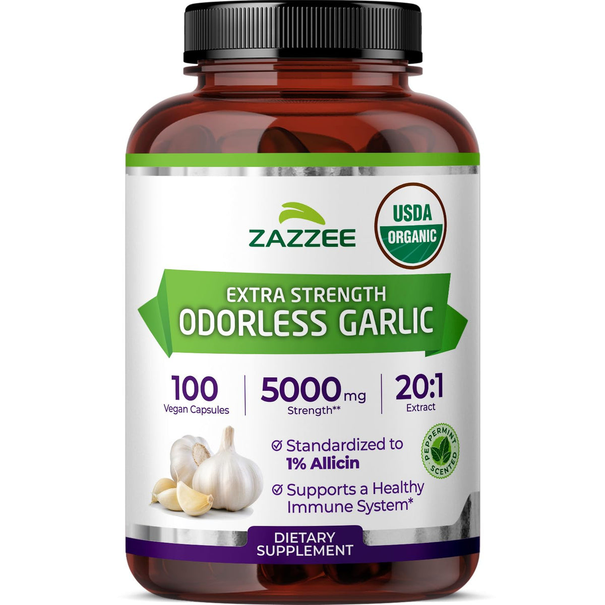 USDA Organic Odorless Garlic 20:1 Extract 100 Capsules L577020