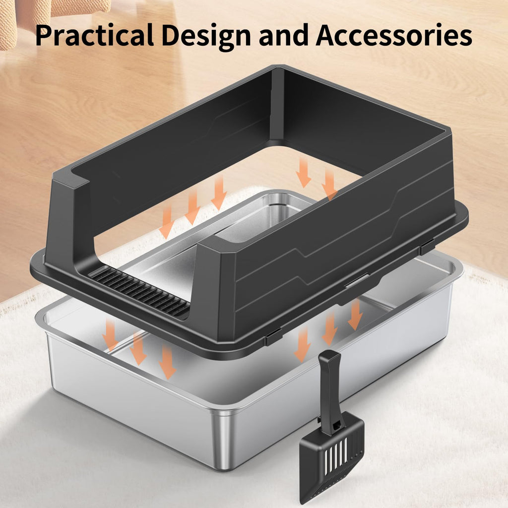 XXXL Stainless Steel Cat Litter Box with High Sides and Scoop Z893955