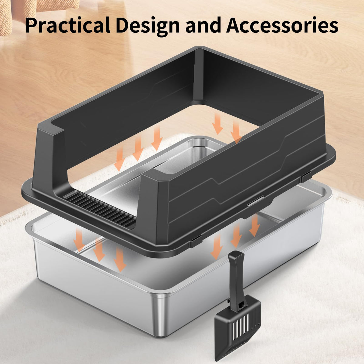 XXXL Stainless Steel Cat Litter Box with High Sides and Scoop Z893955