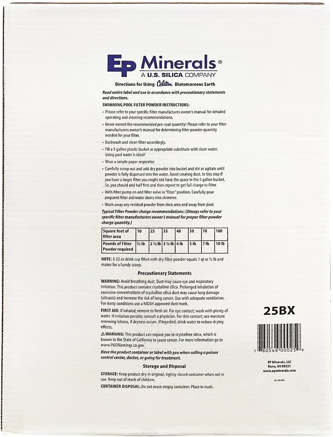 25LB Diatomaceous Earth Pool Filter Aid D624