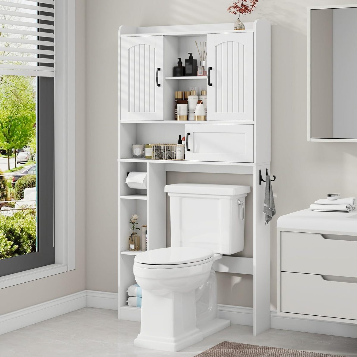 Over The Toilet Cabinet with 2 Barn Doors & Sliding Door, White S7330