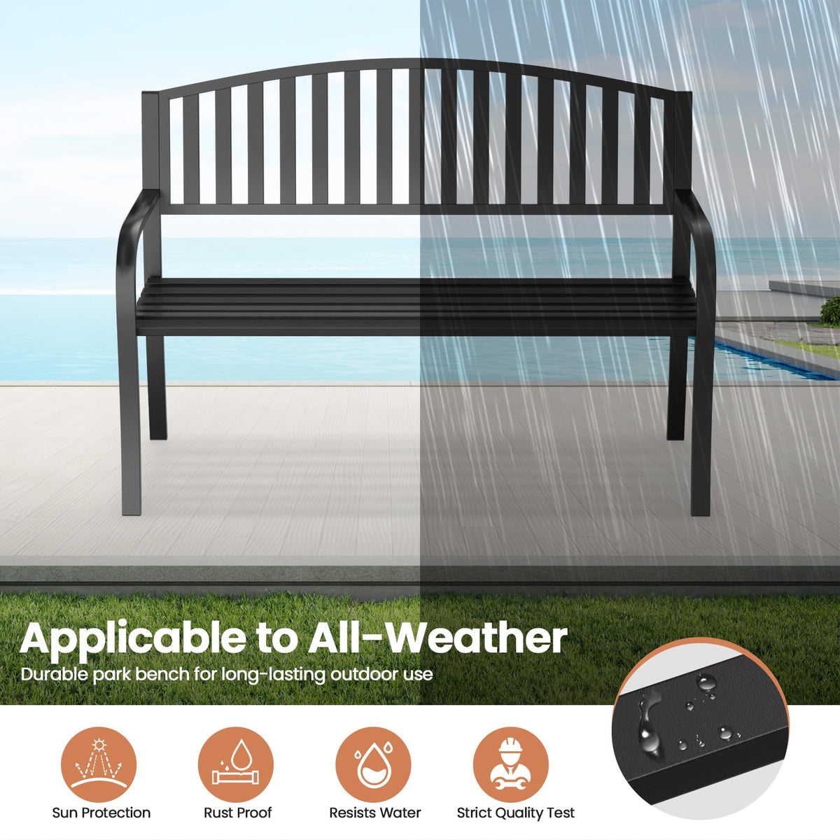 Black Wrought Iron Garden Bench with Armrests I89100