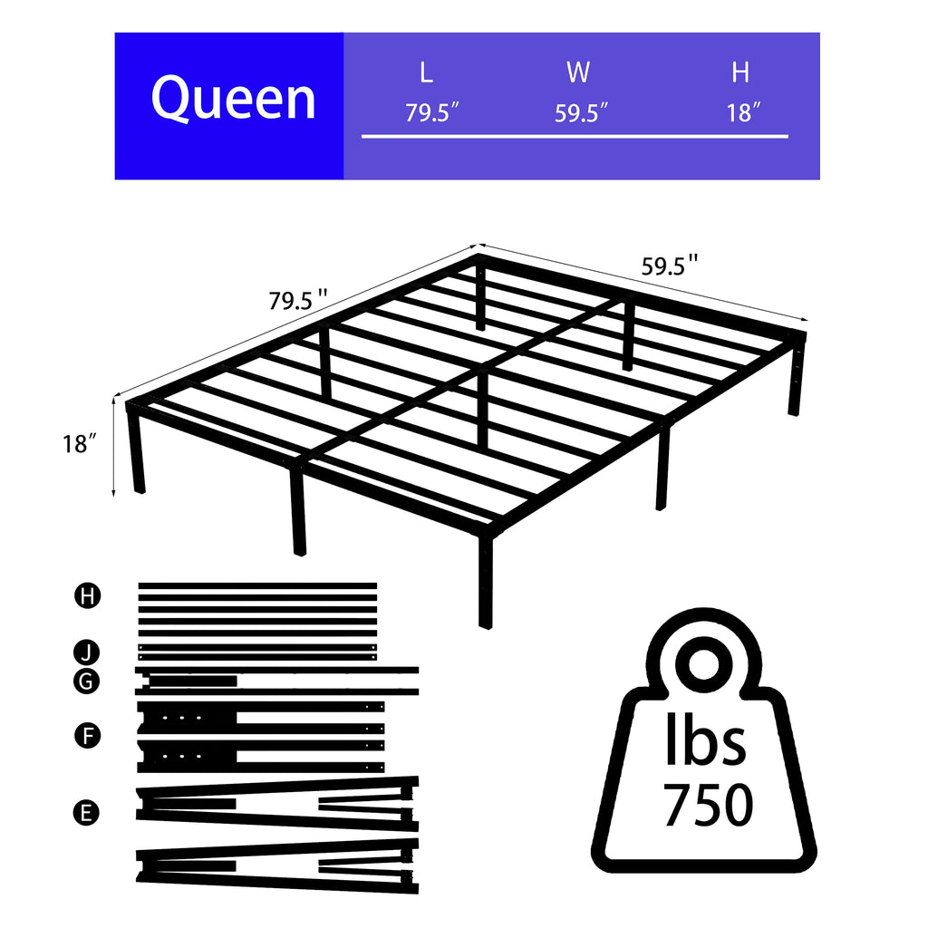 Queen Size Platform Bed Frame Steel Slat Support Black Z7781
