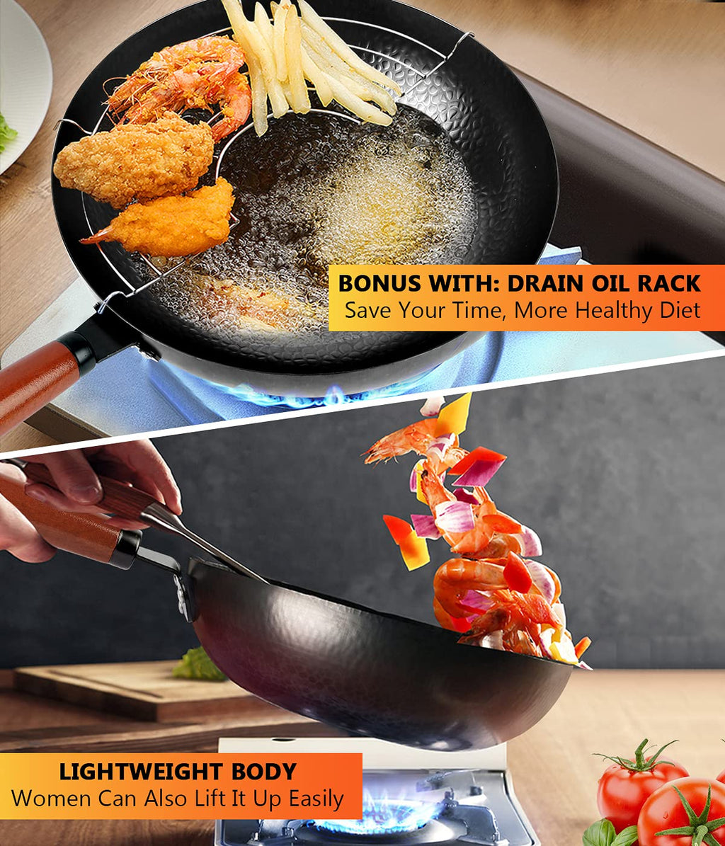 14 Piece Carbon Steel Wok Pan Set with Wooden Lid G28810