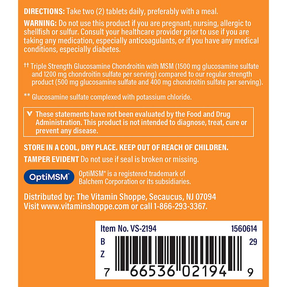 Triple Strength Glucosamine Chondroitin with MSM 1,500 MG 60 Tablets B220676