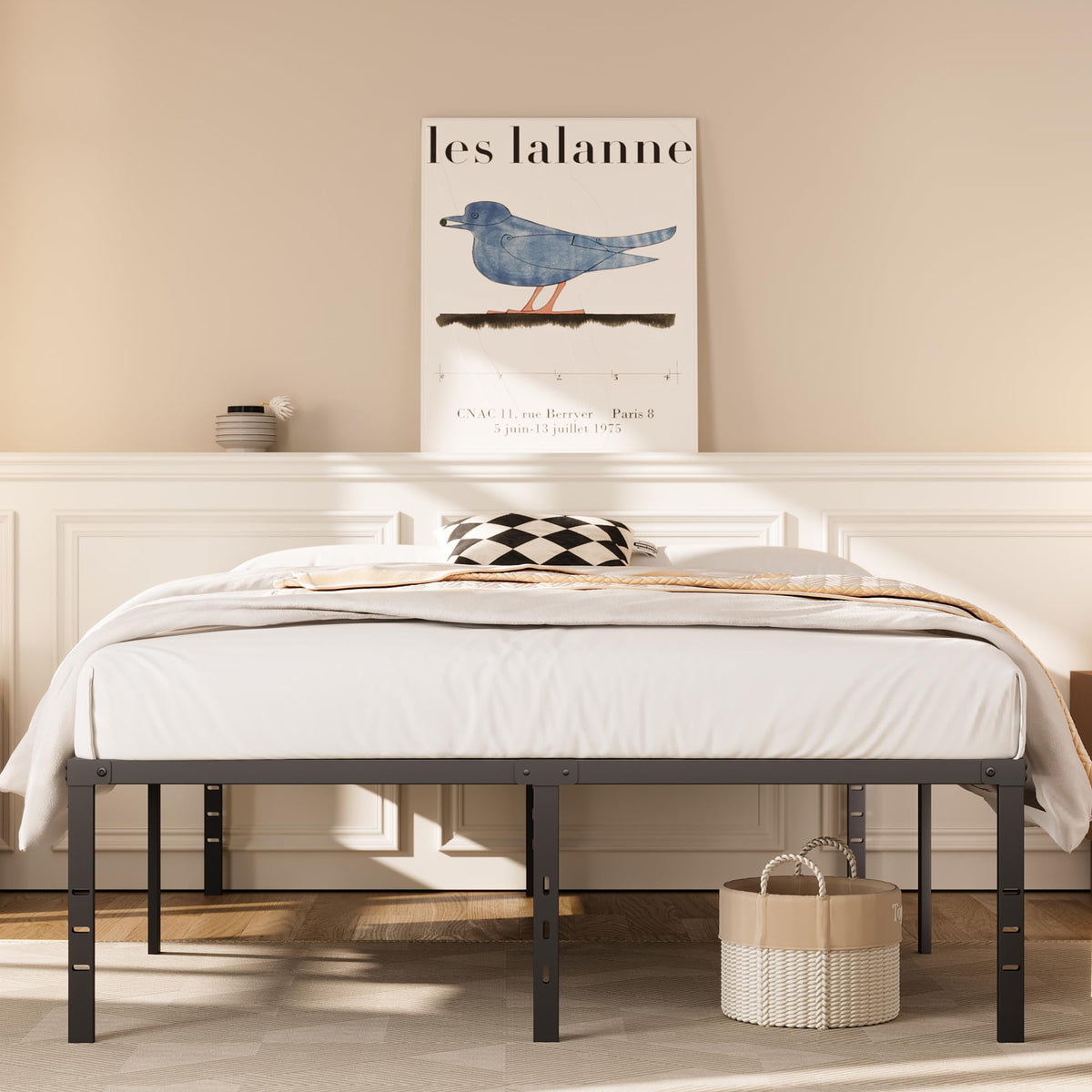 Queen Size Platform Bed Frame Steel Slat Support Black Z7781