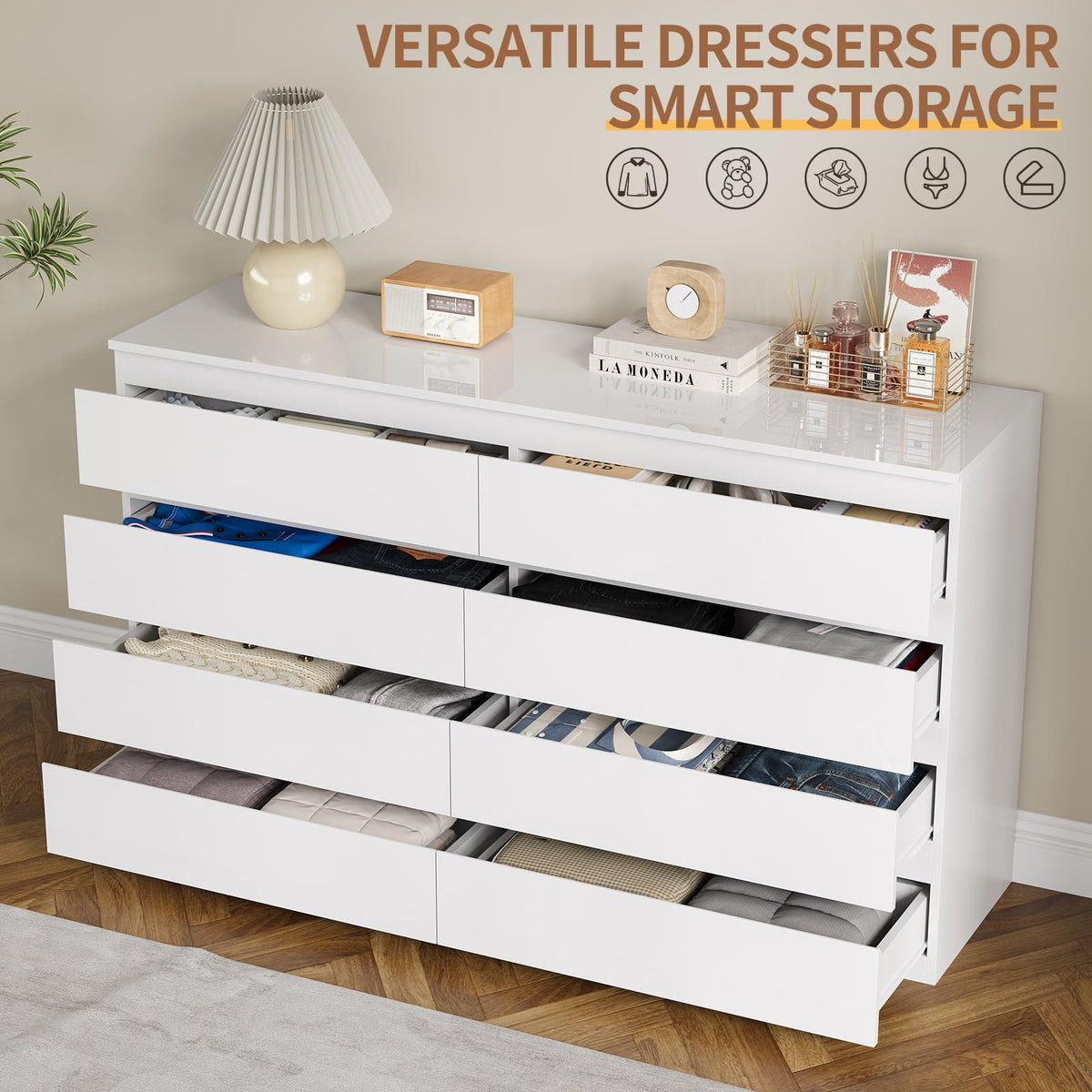 White 8 Drawer Wood Dresser B3124