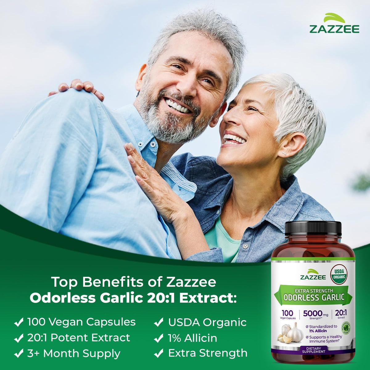 USDA Organic Odorless Garlic 20:1 Extract 100 Capsules L577020