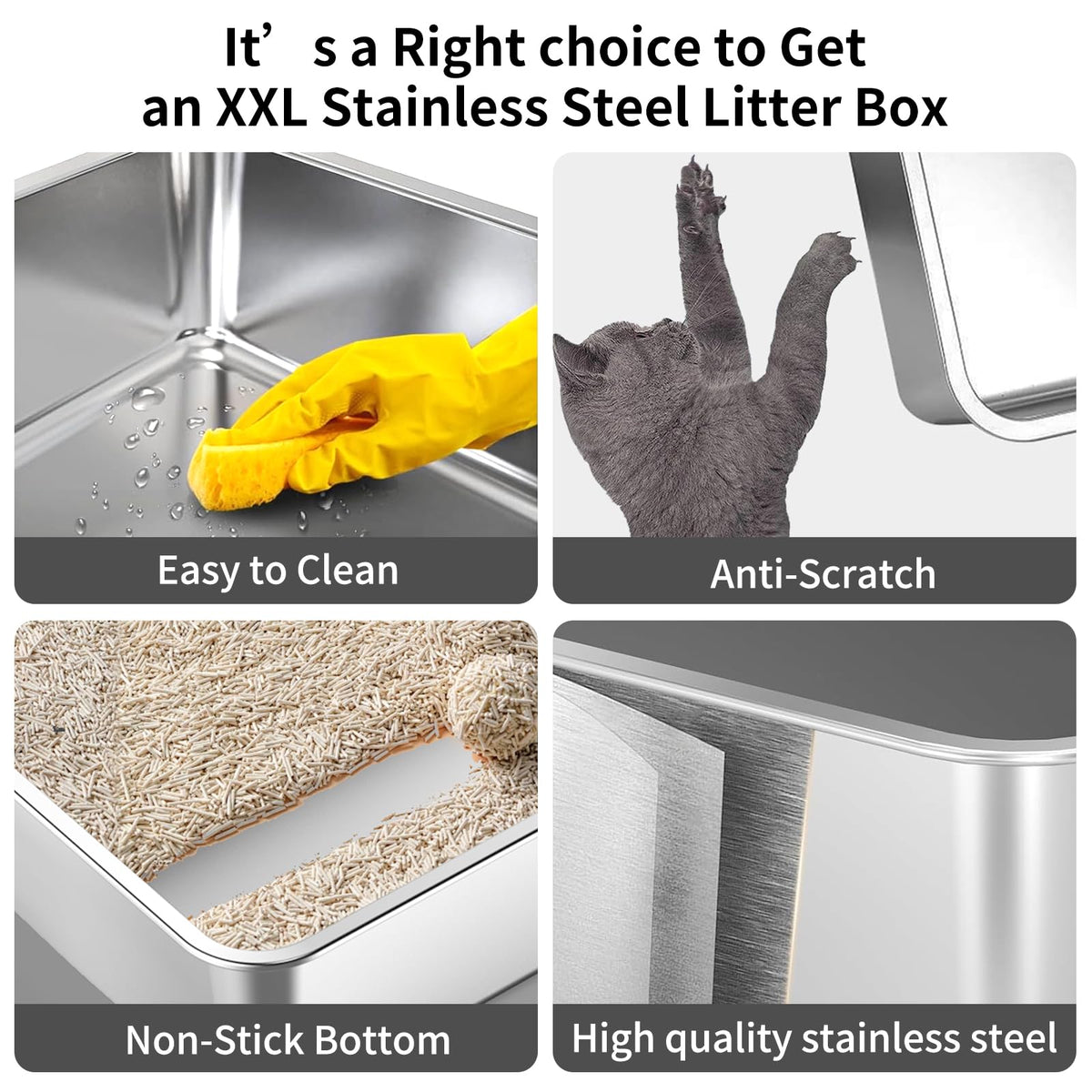 XXXL Stainless Steel Cat Litter Box with High Sides and Scoop Z893955