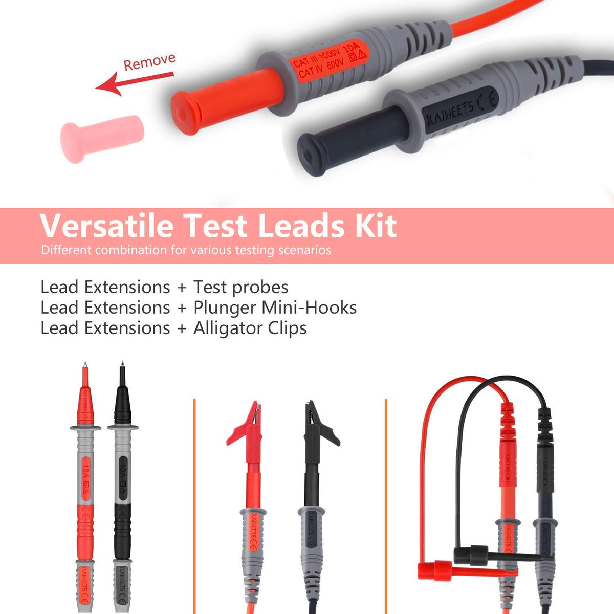 Silicone Test Leads Kit CAT III 1000V CAT IV 600V with Alligator Clips and Needle Probe 9PCS U35091