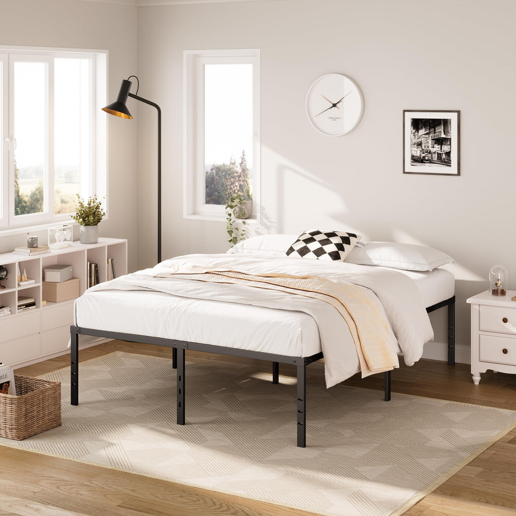 Queen Size Platform Bed Frame Steel Slat Support Black Z7781