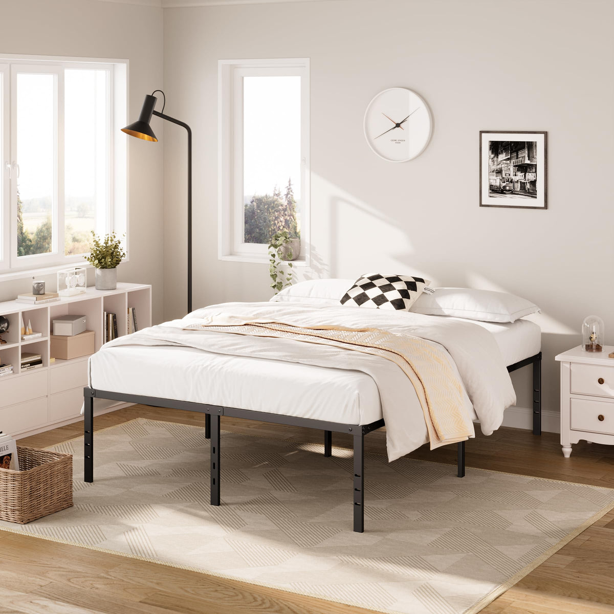 Queen Size Platform Bed Frame Steel Slat Support Black Z7781