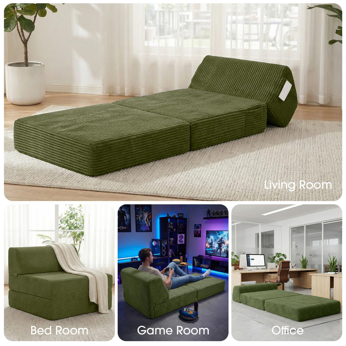 Folding Sofa Bed with Pillow, Memory Foam Sleeper Chair, Green D90865