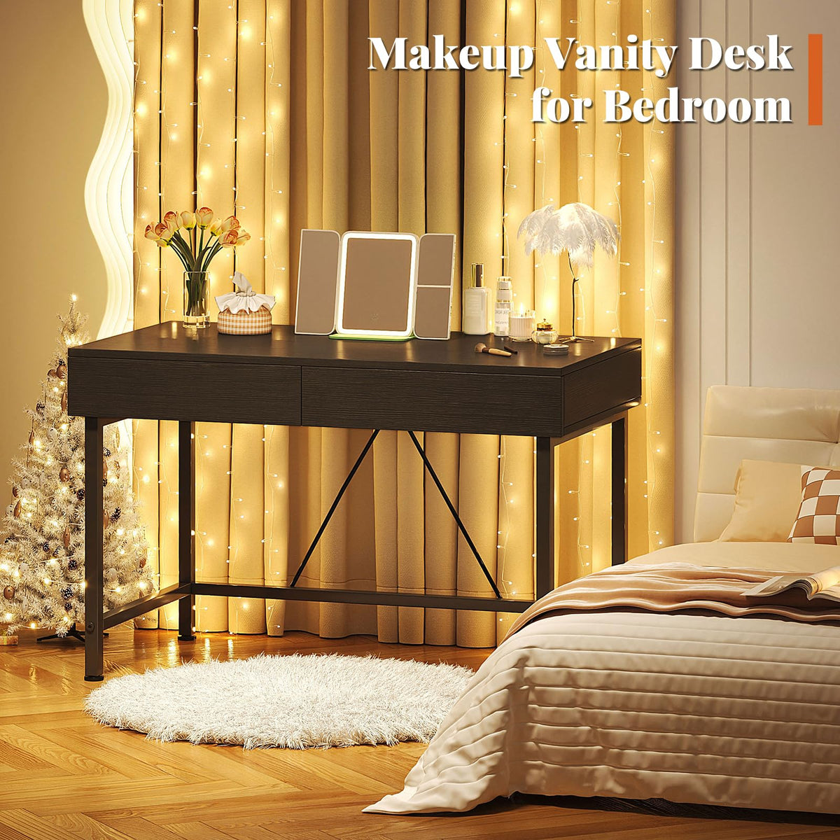 Black 40 Inch Small Desk with Wood Drawers L34205