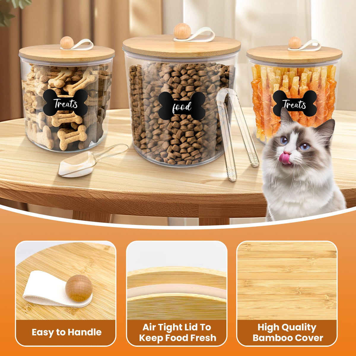 3 Pack Airtight Dog Food Storage Container with Bamboo Lids U7446
