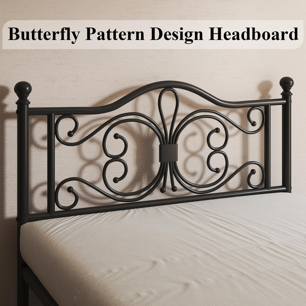 Black Full Bed Frame with Butterfly Pattern Headboard & Footboard G43722