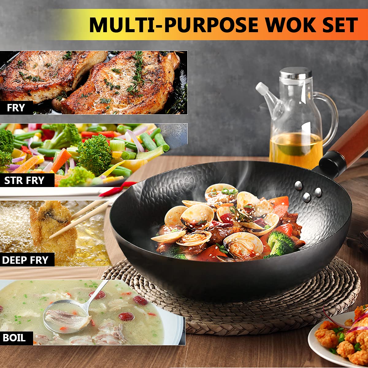 14 Piece Carbon Steel Wok Pan Set with Wooden Lid G28810