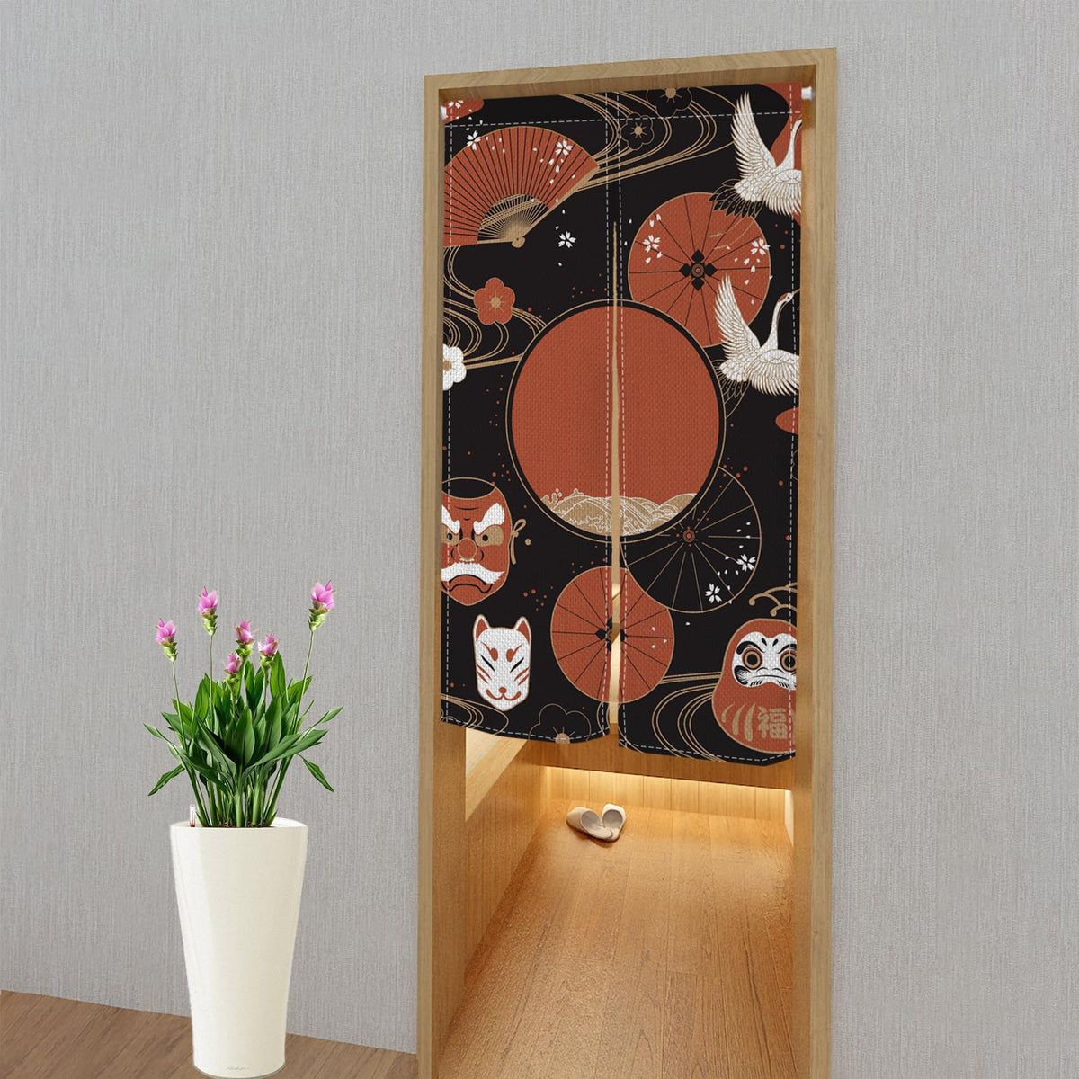 Japanese Noren Doorway Curtain Red Fan Painted Tapestry 33.5"x 70.9" O58749